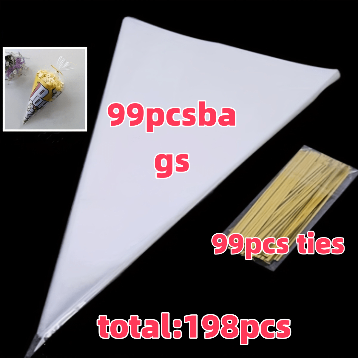 TEMU 198(99bags+99ties) Reusable Plastic Triangle Bags- Transparent, Scratch-resistant, Drawstring Closure For Candy, Ice Cream, And Dessert