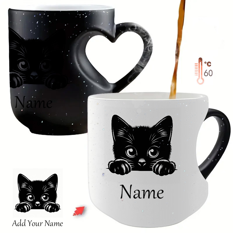 1pc Personalized Name & Black Cat -changing Mug - 11oz Reveal Kitten Design, Custom Text Coffee Cup, Hand Wash Only Tea Cup For S &, Christmas/halloween Gift (add )