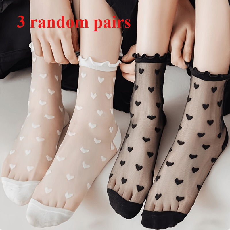 E-shop 3 Paar Damen Transparente Mesh-Mittellange Socken, Atmungsaktiv Bequem, mit Herz-Muster, Weiße Schwarze -Spitzenbesatz Knöchelsocken, Tägliche