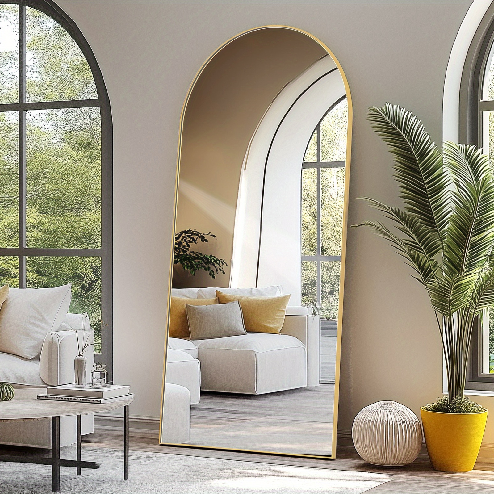 Large Arched Full-Length Mirror - Oversized Floor-Standing Bathroom Mirror with Polished Glass, Wall-Mounted or Leaning Design for Bedroom, Entryway, Hallway - Black, Bathroom Mirrors for Wall, Bedroom Mirror, Modern Arched Mirror, Elegant Frame