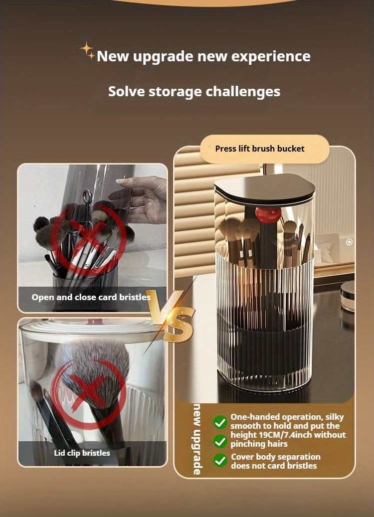 1pc makeup brush storage tube push to dust high end dressing table eyebrow   brush rack automatic lifting brush bucket Product details 1