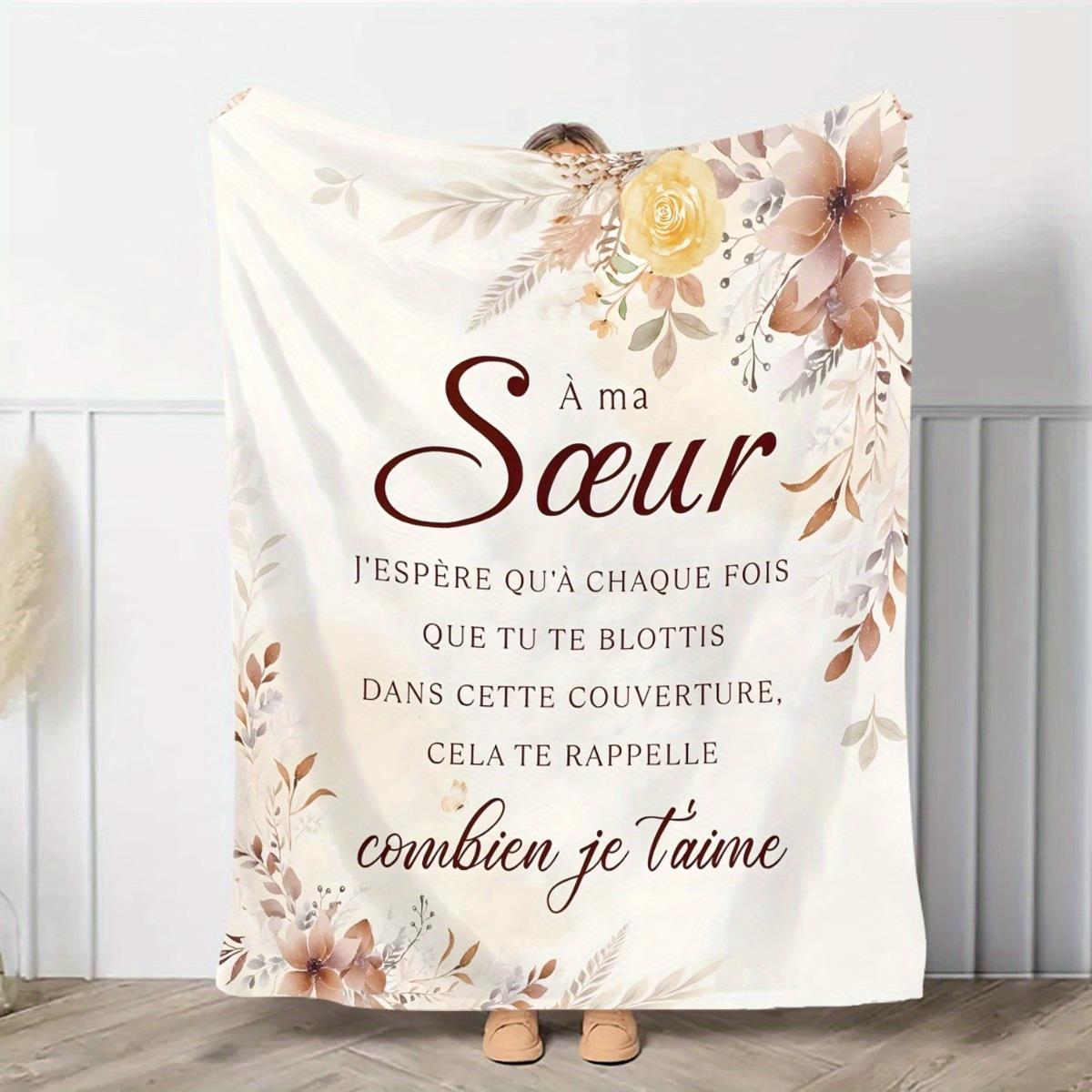 TEMU 1pc A Floral Blanket Featuring A French Sister Quote - A Soft Flannel Throw Suitable For , With Pastel Flowers And A Beige , Perfect For The