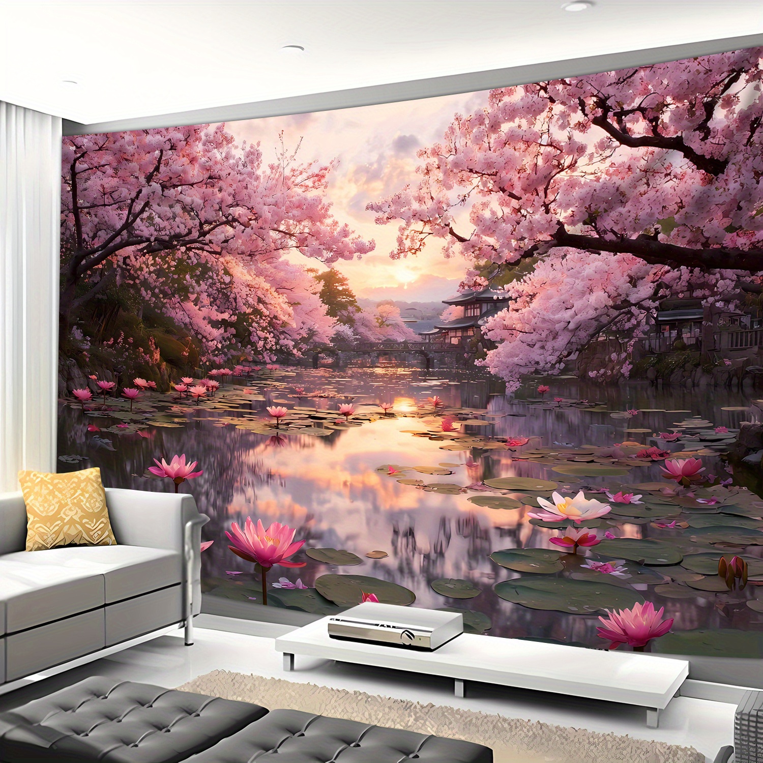 E-shop - Ultra Große Größe - Bezauberndes Sonnenuntergang Kirschblüten See Landschaft Foto Riesiges Digitaldruck Wandteppich, Ästhetischer
