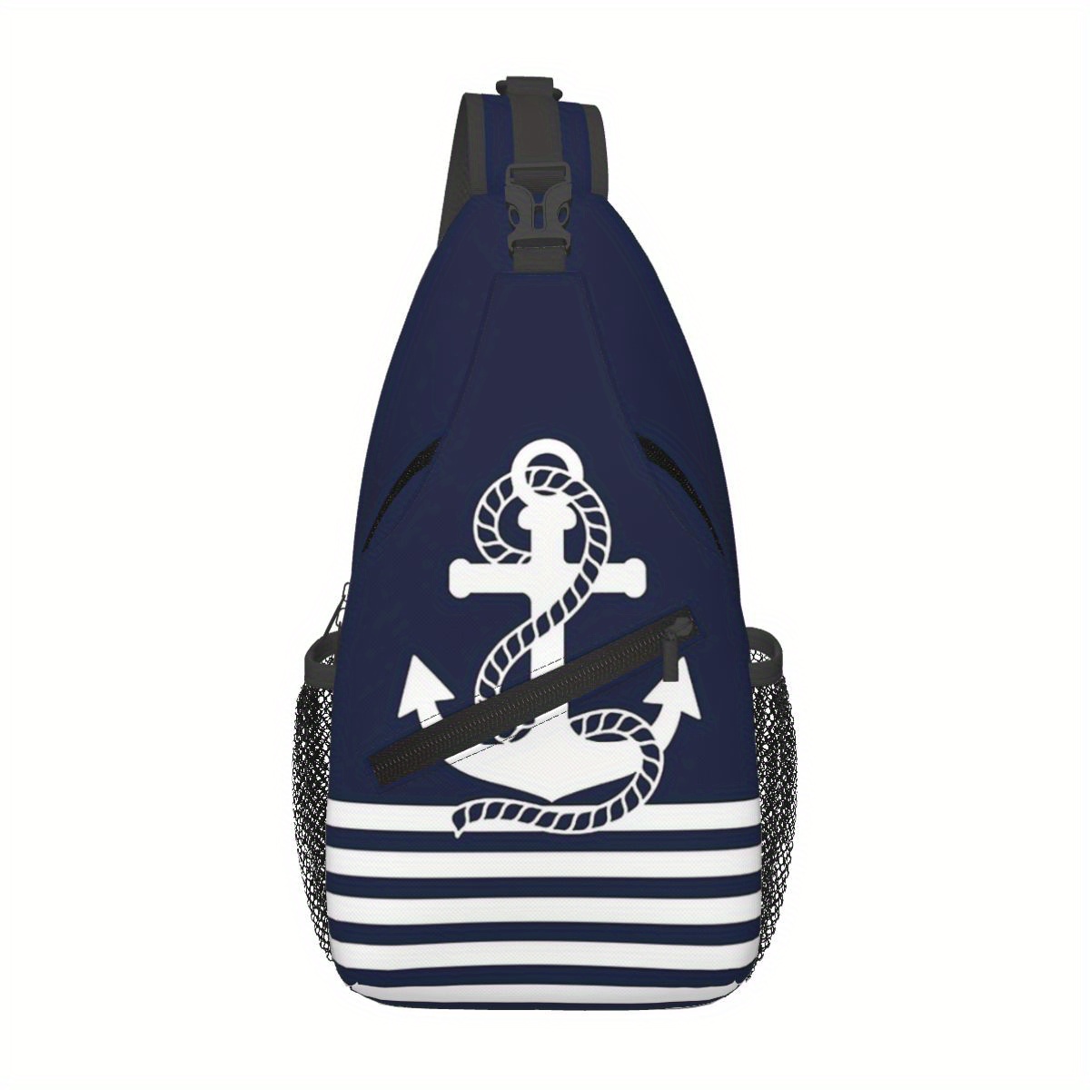 

1pc Nautical Sports Crossbody Sling Backpack - Knit Fabric With Anchor Print, Water-resistant Zippered For Travel, Hiking, Outdoor Sports, Machine Washable, Anti-theft Chest Bag