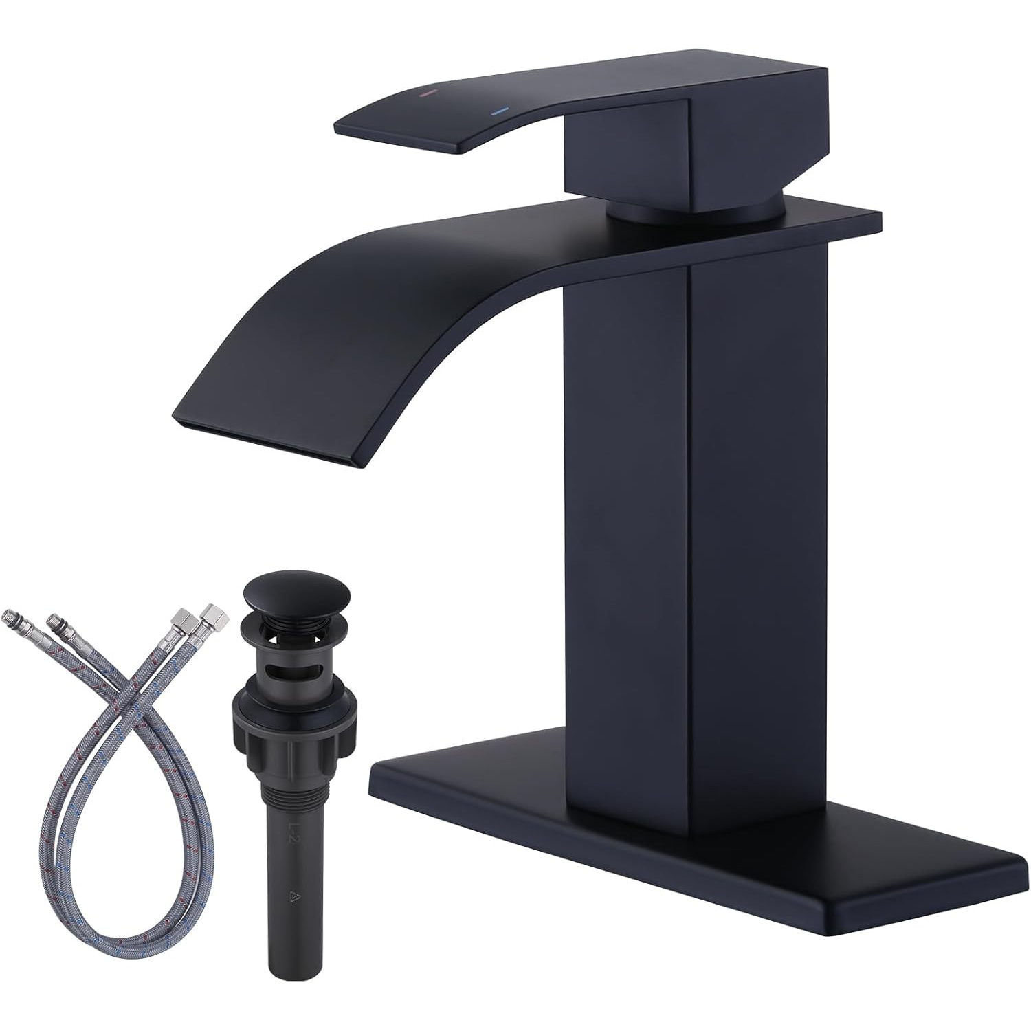 TEMU Waterfall Bathroom Faucet Matte Black Faucet For Bathroom Sink Single Handle Mixer Tap Vanity Faucet With Deck Plate And Pop Up Drain, 1 Or 3