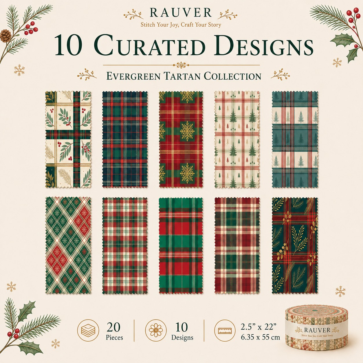 TEMU 20-pack Christmas Red And Pine Tree Snowflake Berry Print Jelly Roll Fabric Strips, 2.5×22 Inch Standard Pre-cut Fabric For Diy Holiday Hanging