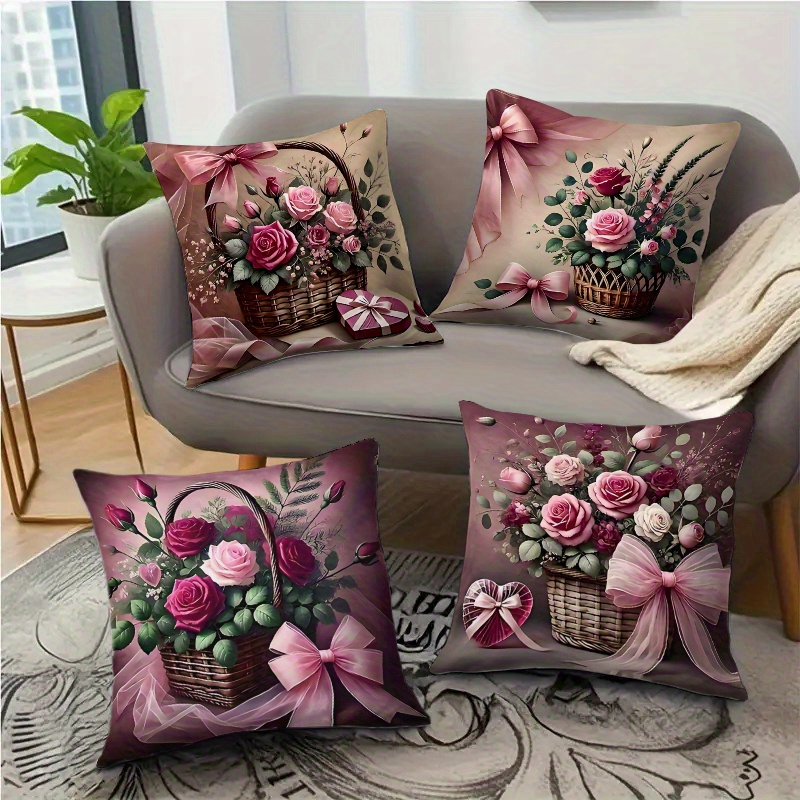 TEMU 4pcs Rose Pillow Covers | Soft Polyester, Zipper Closure, Ideal For Sofa And Bed Decor, Machine Washable, Suitable For Gifts And Festive