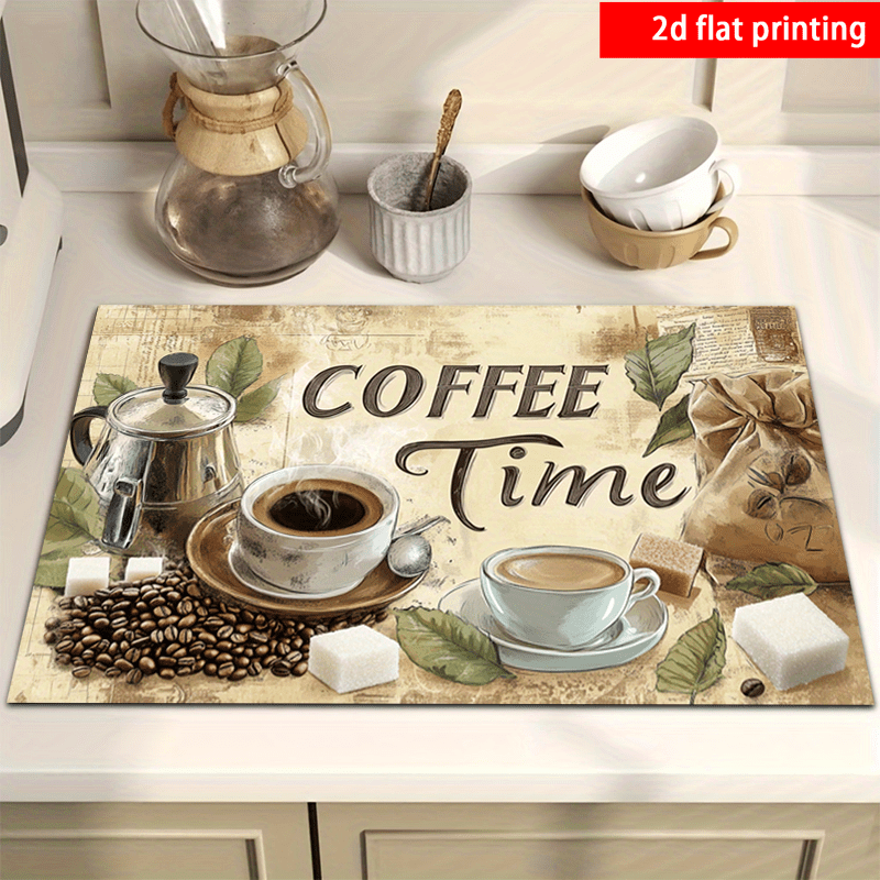 TEMU 2d Flat Printing, 1pc, Coffee-themed Fashionable And Exquisite Printed Absorbent Placemats, Dish Drying Mats, With Non-slip Rubber Backing, A