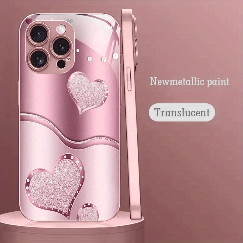 TEMU Phone Case - Pink Heart Curve Pattern Pink Metallic Paint Tempered Glass Hard Phone Case For Iphone 16/16 Pro/16 Plus/16 Pro Max/ Pro/15 Pro