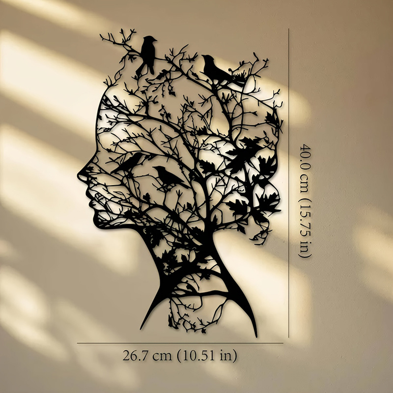 TEMU 1pc Arbre de Vie Silhouette de Femme avec Oiseaux, Fabriqué en Fer Premium pour Art Mural - une Sculpture Durable Adaptée aux Intérieurs et