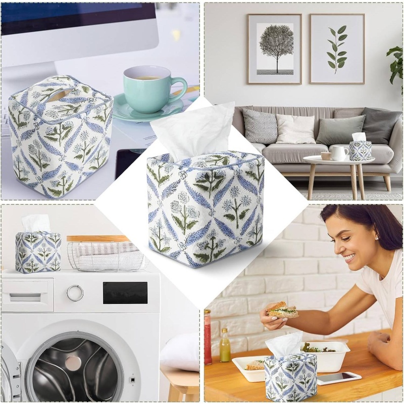 1pc elegant fabric tissue box cover & napkin holder - blue floral print with   &   trim, soft pastel blue/green/white, fits square/rectangular tissue boxes, space-saving decorative storage for bathroom, bedroom, office - handmade-look design, machine washable & crack-proof, fits most tissue boxes (paper not included) -   decor in blue, green, beige colors, decorative tissue box holder, tissue holder bathroom, craft tissue box Product details 6
