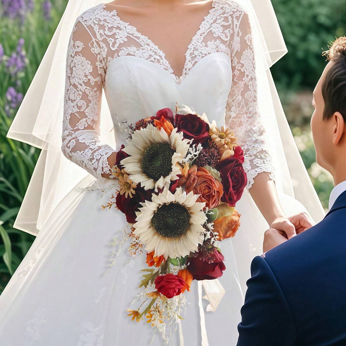 vintage sunflower wedding bouquets for bride artificial burgundy rose  sunflower cascading bridal bouquet burnt orange rustic toss bouquet for  wedding ceremony anniversary party church decor - home & kitchen - Temu