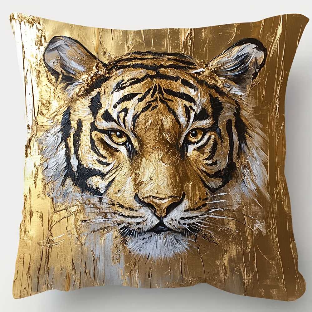 TEMU 1pc Luxurious Decorative Pillowcase - Single-sided Short Plush, Size 45.72cm X 45.72cm, Featuring Golden And Black Tiger Pattern, Perfect For