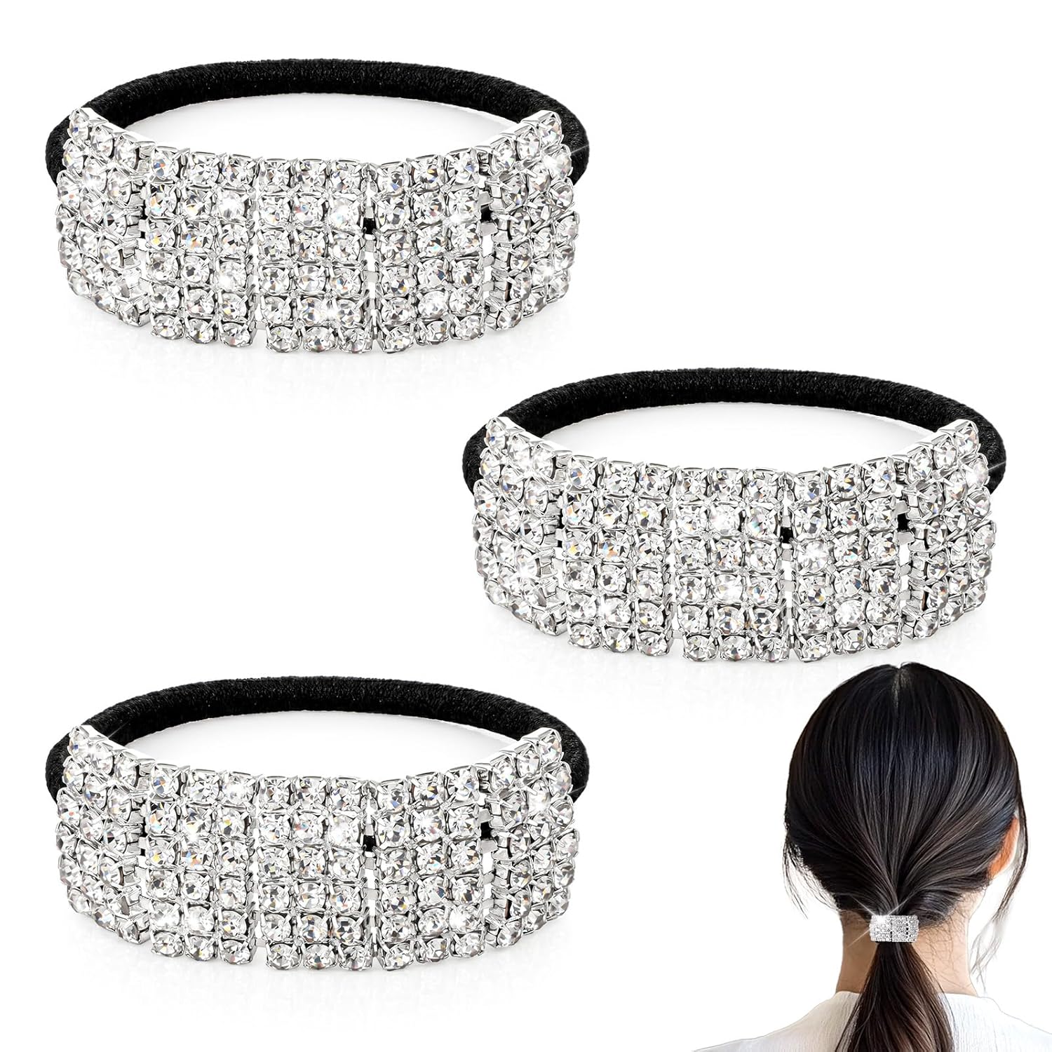 TEMU 3pcs Sparkly Rhinestone Hair Ties, Elastic Ponytail Holders, Silvery Shiny Hair Scrunchies, Fashion Hair Accessories For Women