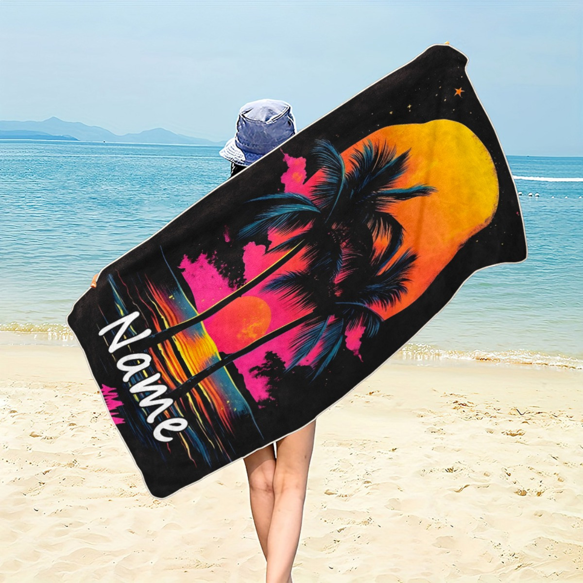 TEMU 1 serviette de plage personnalisée avec palmiers au coucher - Microfibre douce et ultra-absorbante, légère, idéale pour la plage, les fêtes, le