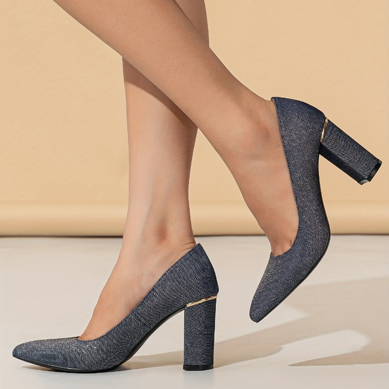 Women's Block Heel Pumps with Golden-Tone Metallic Accents Pointed Toe  Elegant Casual Shoes TPR Sole Synthetic Cover Lining for Office,