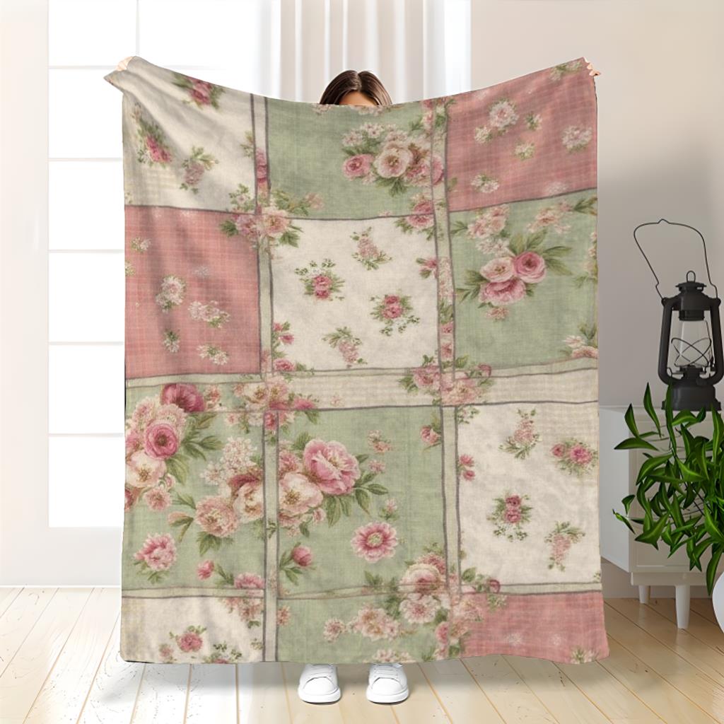 TEMU Comfortable Light Pink, Green, And Beige Floral Print Flannel Blanket - Soft Plush Flannel Bedspread, Lightweight Throw, Suitable For Sofa, Bed,