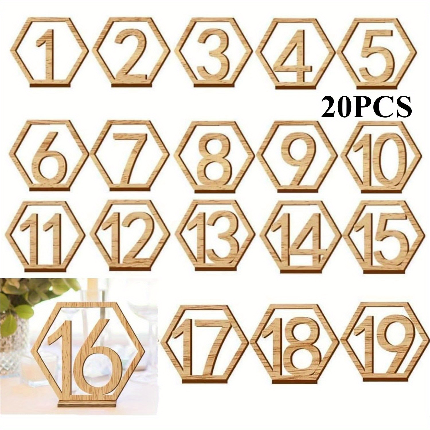 20pcs Wood Hexagon Table Numbers With Stands - Ginger Numbered 1 Suitable For Wedding, Party, Table Decor - Wood Table Number Holders For Cards, Name Plates