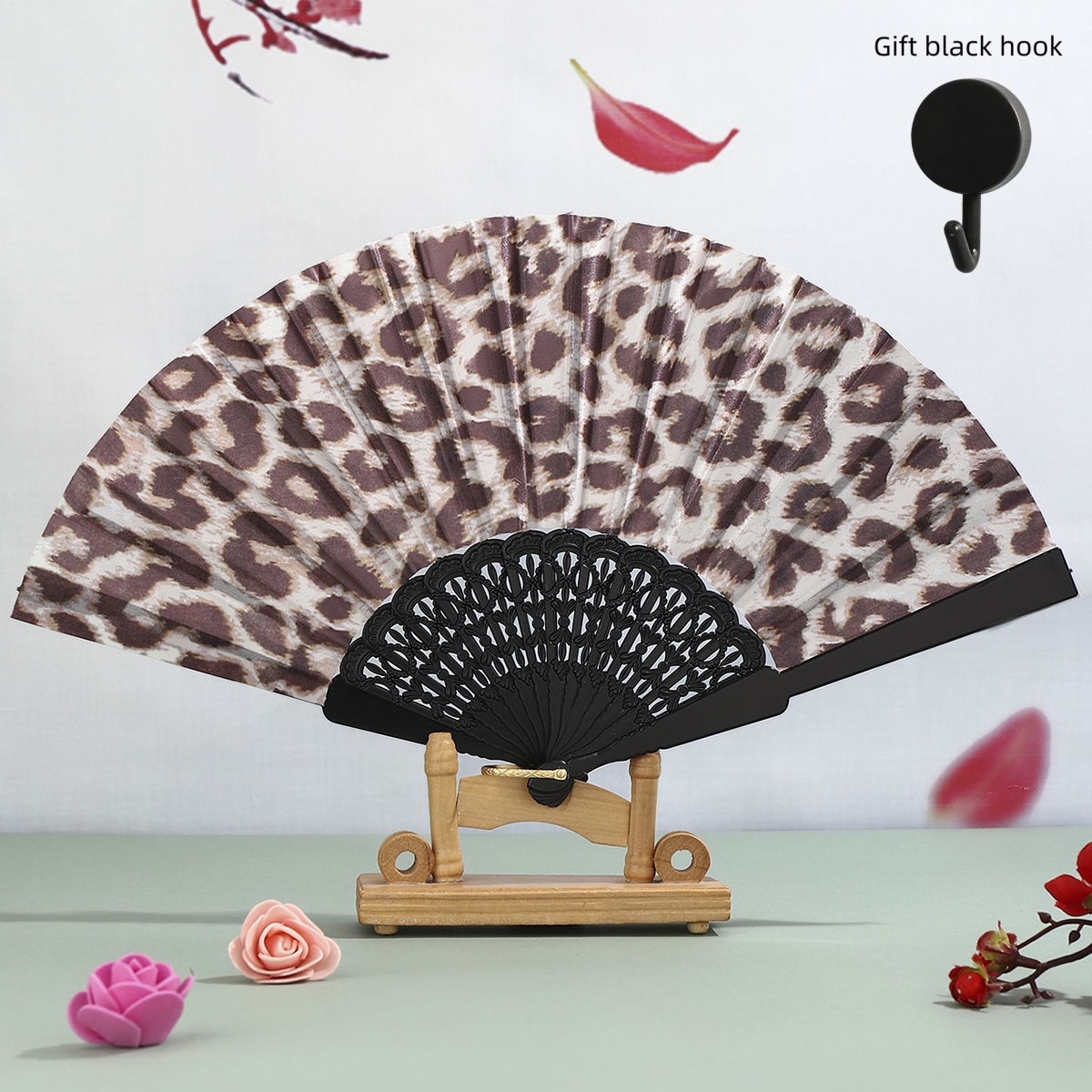 2pcs Set (1 Leopard Print Folding Fan + Free Hook) - Theme, Lightweight And Portable Ladies' Handheld Fan | Princess Themed Fan | Lightweight Fan