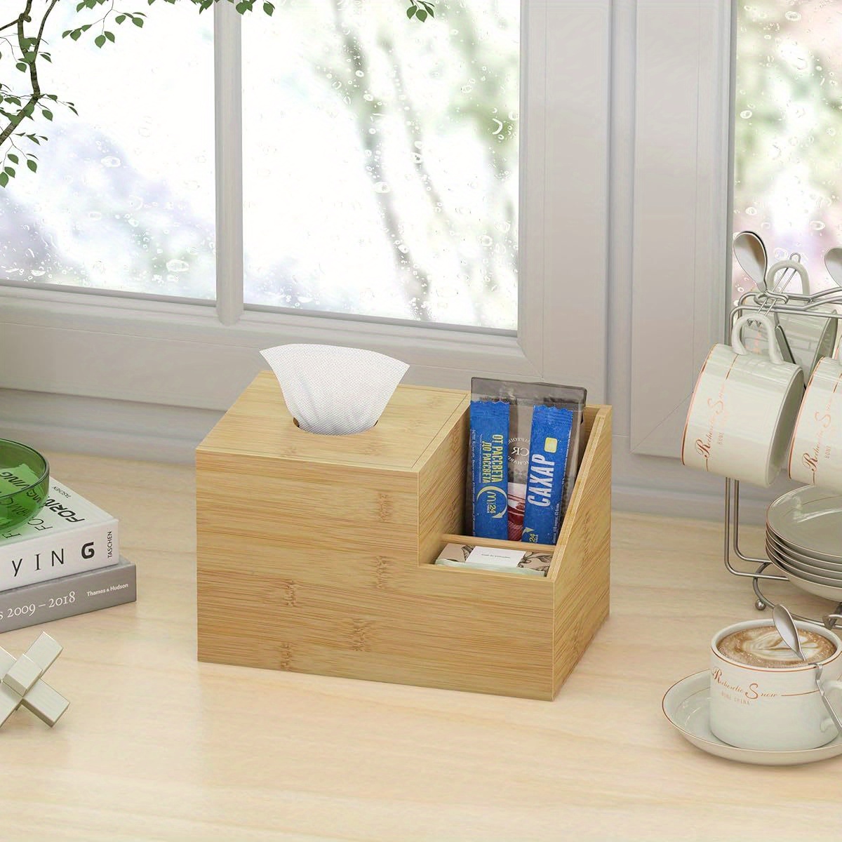 bamboo square tissue box cover a multifunctional organizer for your nightstand   storing tissues in   bathroom or office it features compartments for holding ipads phones and remote controls natural Product details 1
