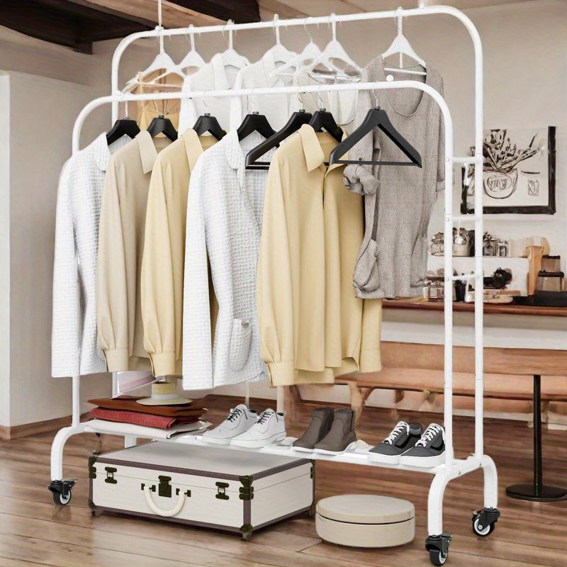   iron double rods garment rack with wheels freestanding multi functional clothing organizer portable clothes hanger with 4 hooks with no electricity required for closet storage details 5