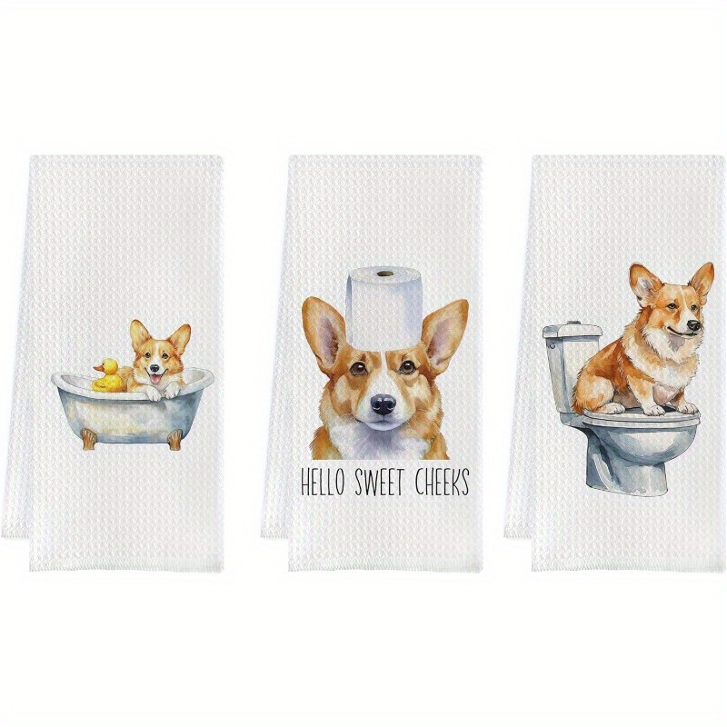 

3pcs Corgi Kitchen Towels - 18x26 Inch, Funny , Perfect Gift For Dog Lovers, Machine Washable Polyester Dish & Tea Towels