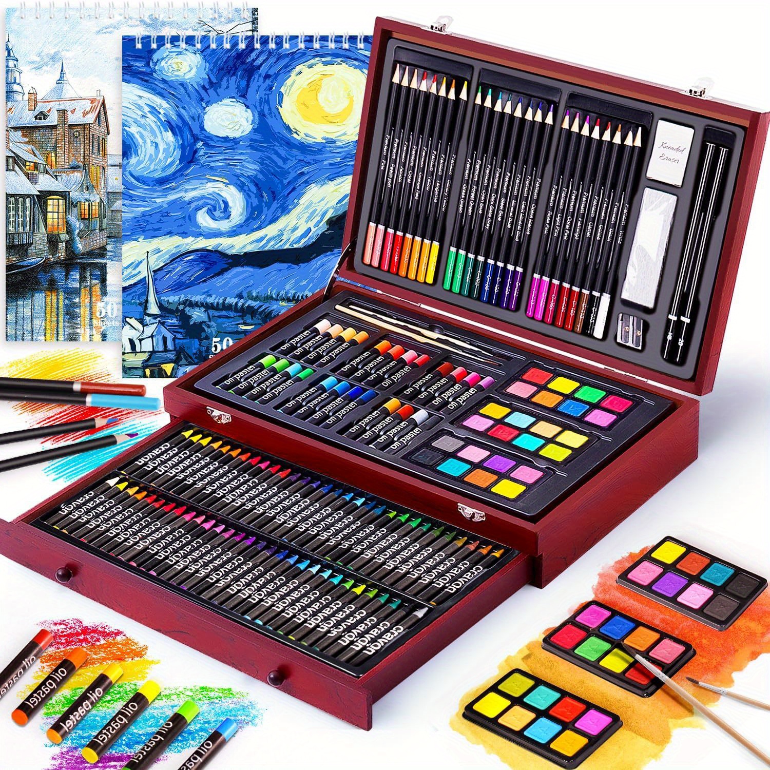 TEMU 145pcs Set With 2 Drawing Book, Art Supplies Wooden Art Box, Drawing Painting Kit With Crayons, Oil Pastels, Colored Pencils, Creative Gift Box
