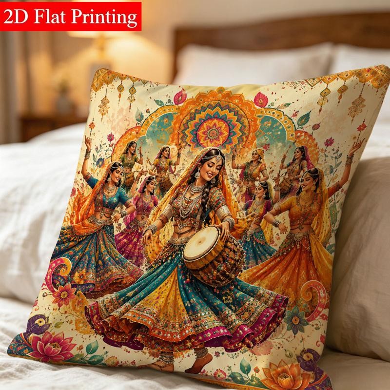 TEMU Housse de coussin imprimée double face 45 X 45, motif de festival indien vibrant pour femmes, matériau en polyester, pour la décoration de