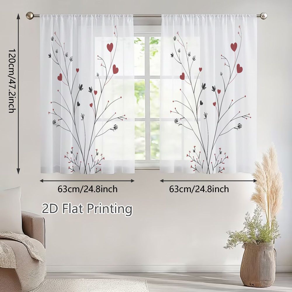 TEMU 2D Plat - 2D Plat - Dimensions Plat, une paire de rideaux transparents légers pour et l'été avec un motif floral noir et rouge facile à