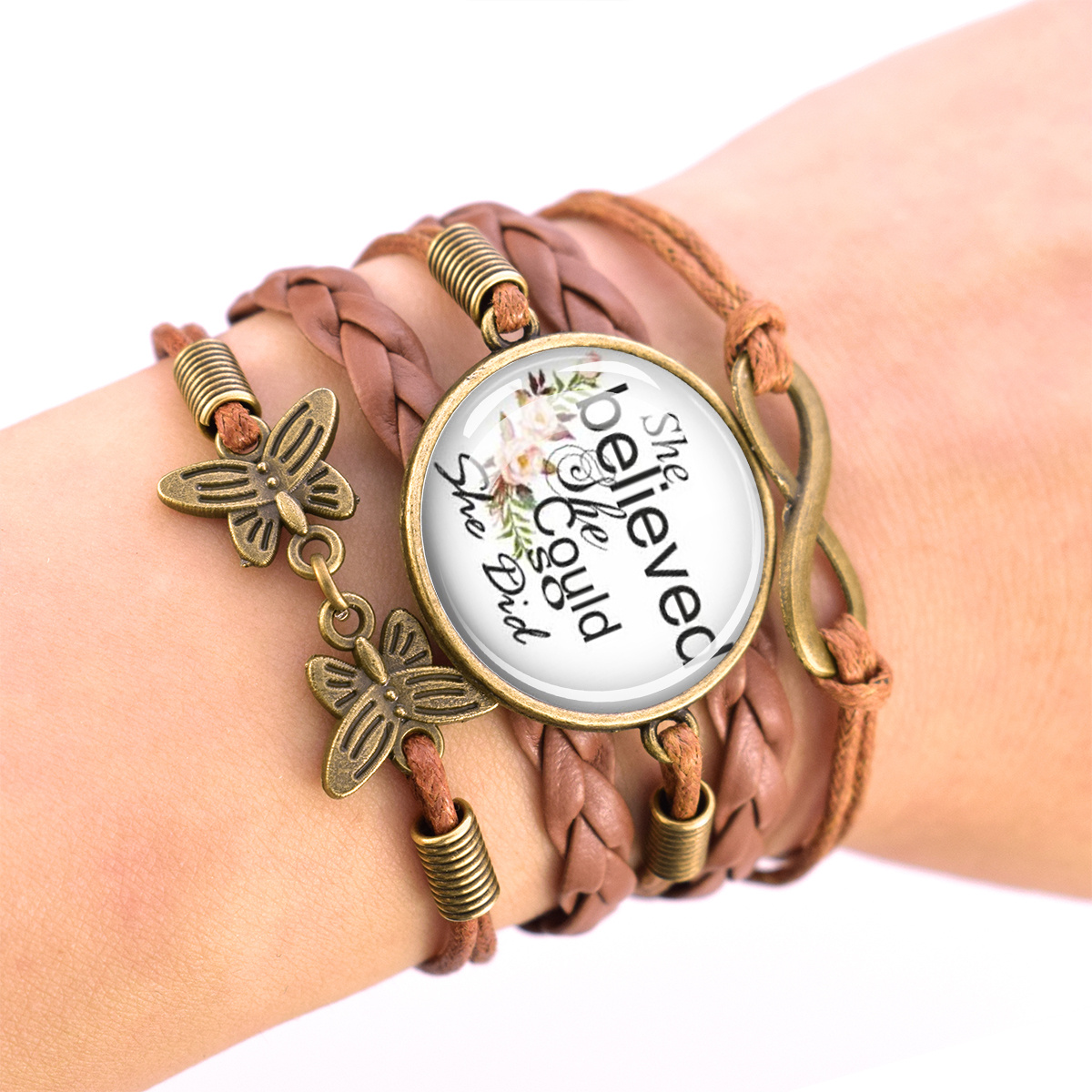 Adjustable Vintage Brown Bracelet with Dome Glass Inlay