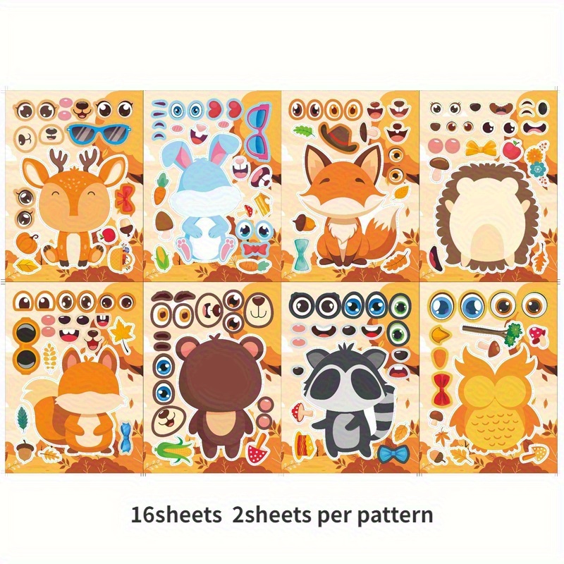 Image of 8/16sheets Autumn Animal Face Changing Stickers Hedgehog Deer Rabbit Theme Puzzle Stickers Festival Party Decoration Gifts Come And Out