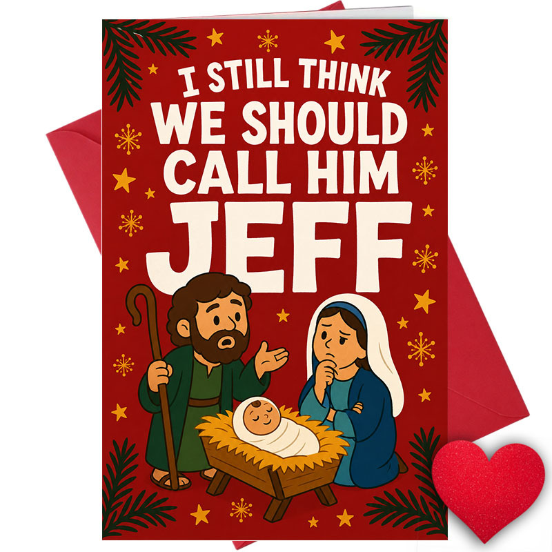 TEMU Carte de Noël amusante pour , humour des fêtes - "Je pense toujours qu'on devrait l'appeler Jeff" - Carte de vœux de Noël, cadeau humoristique