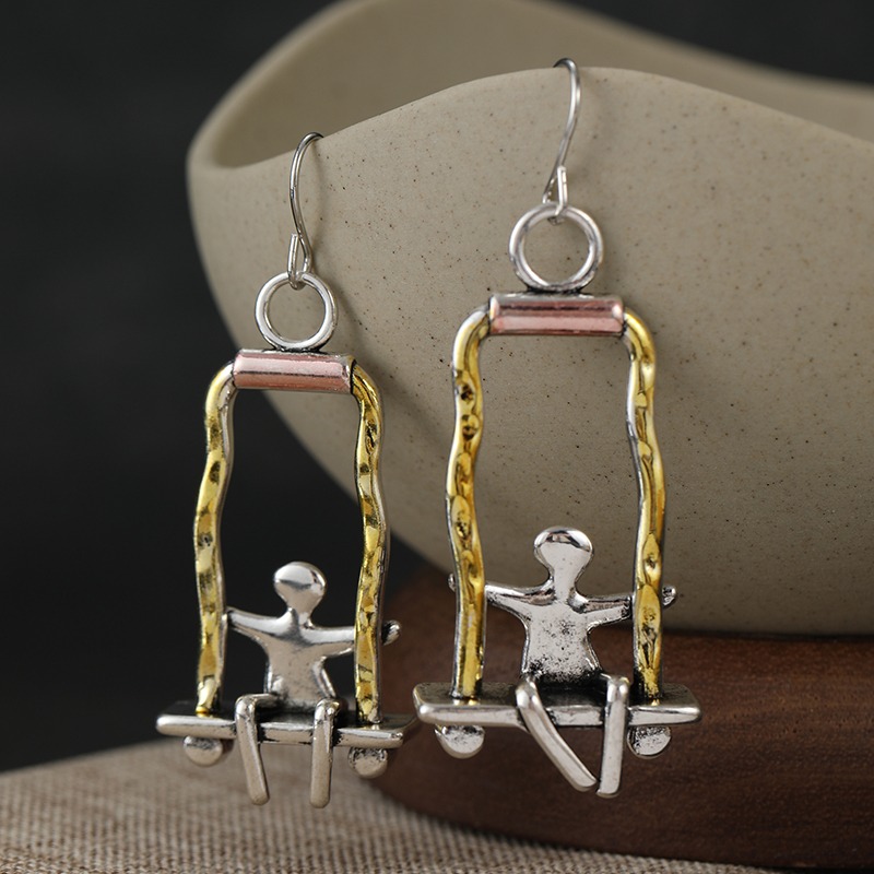 TEMU Artistic Style Dual-color Swing Earrings For Women's Dating Style, With Asymmetrical Small Figure Swing Earrings