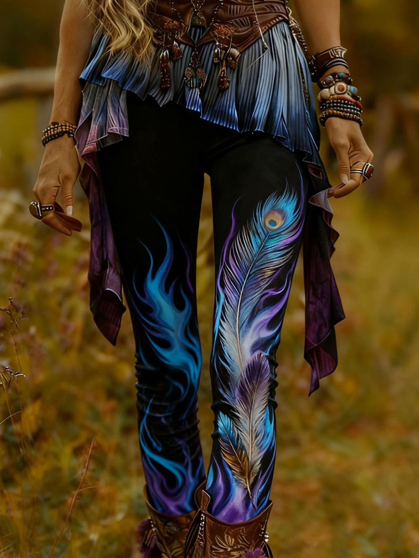 WomenS High-Waisted Tummy Control Lifting Tight Pants, Blue Purple Gradient Flame Print Design, High Elastic Skin-Friendly Breathable, Slim Fit, S Fitness Casual Leggings