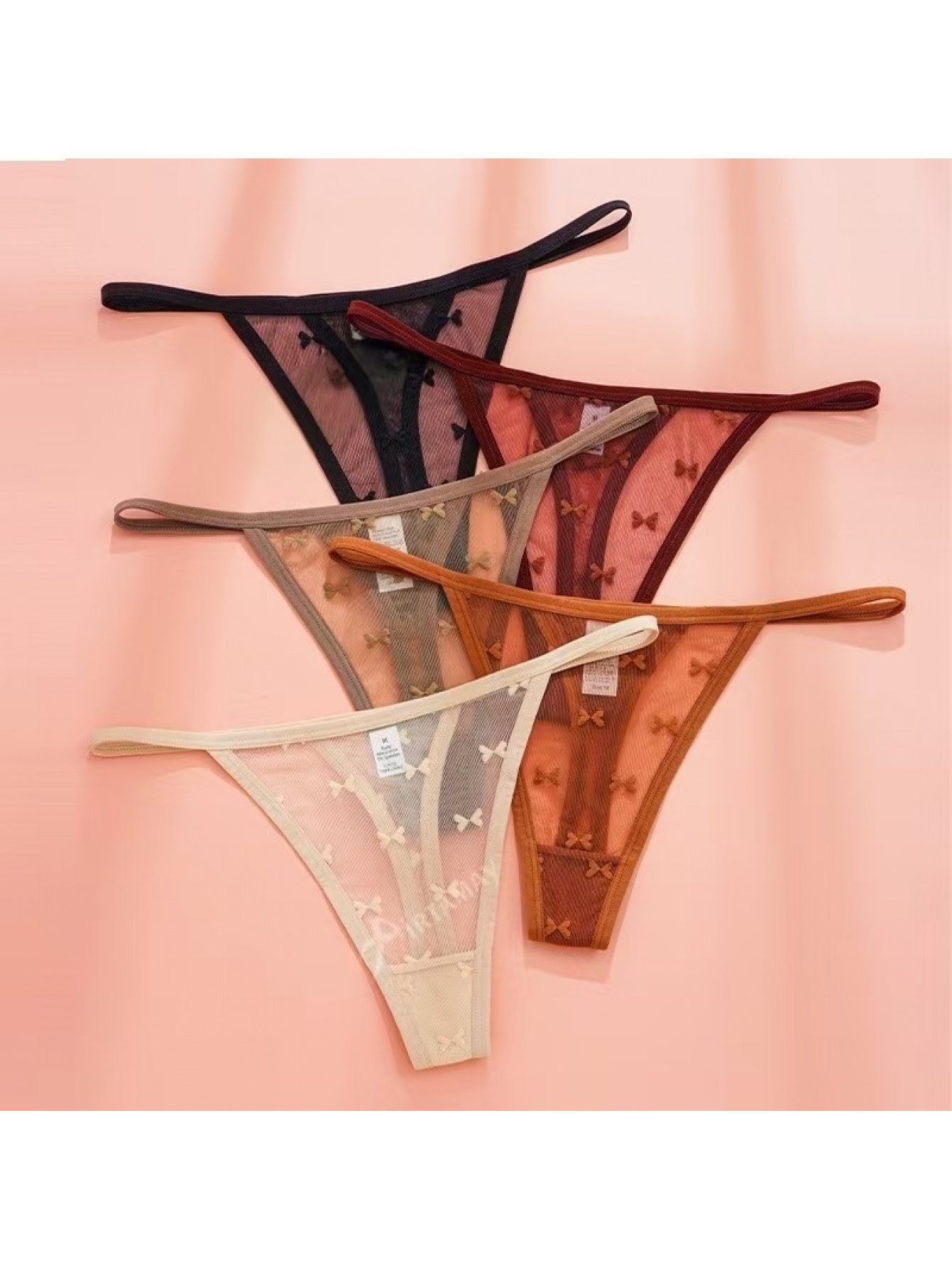 4 szt. damskie przezroczyste siateczkowe majtki stringi z mini kokardką 3d, cienkie ramiączka, niskie stanie, miękkie, elastyczne, oddychające, codzienne bielizna damska multipack