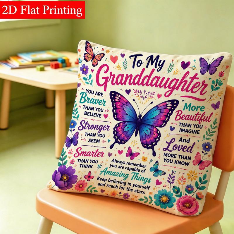 TEMU Decorative Pillow Cover For Granddaughter, 45x45 Double-sided Printed, With Butterflies And Flowers Pattern, Motivational Phrases, Warm Gift For