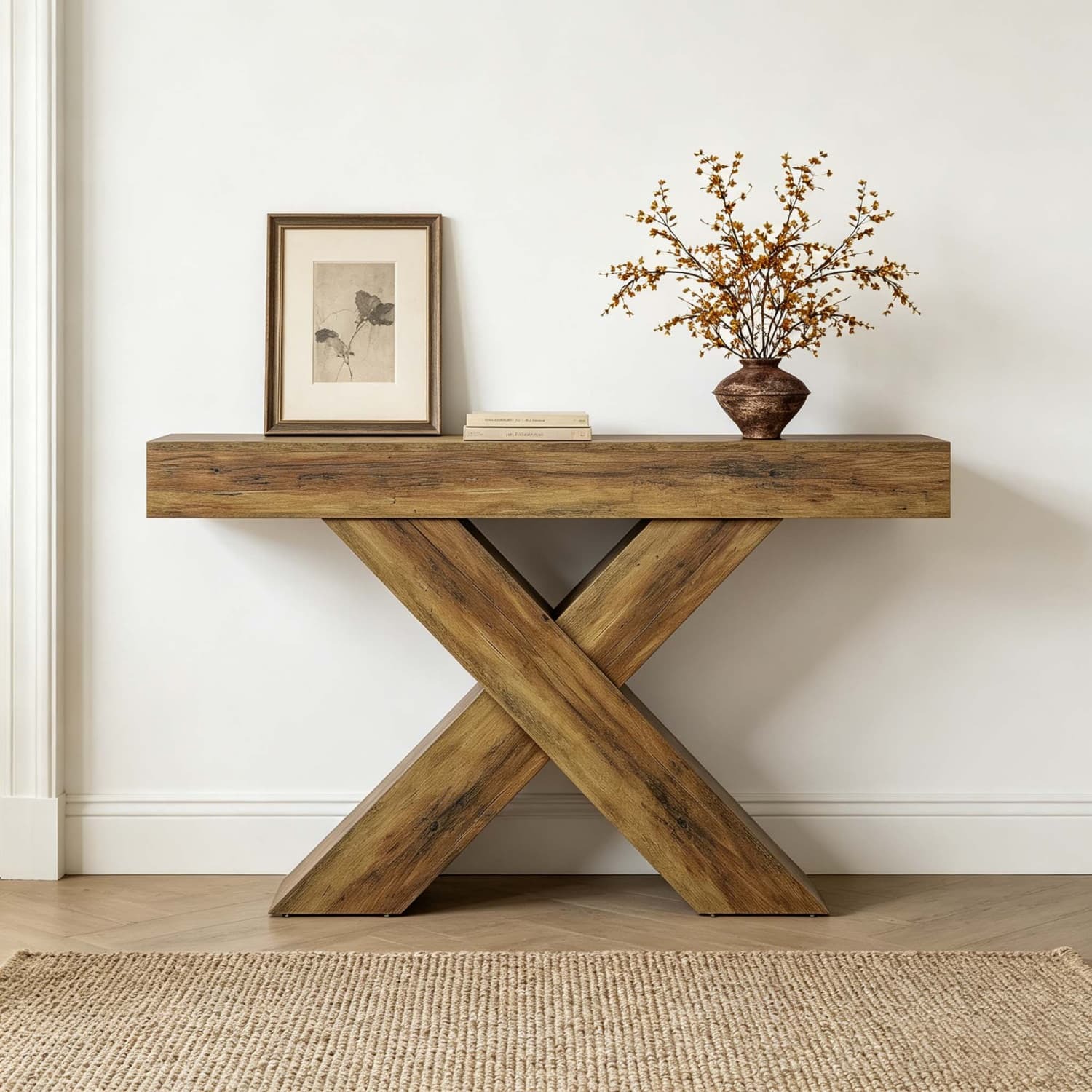 Image of Narrow Console Table, X-shaped Support, 140cm Length, Rustic Brown, Entrance Hallway Table, Sofa Back Table For Living Room And Foyer