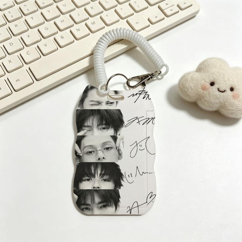TEMU 1pc White Plastic Id Card Holder With Black-white Photo Strip And Handwritten Signature, Attached To White Coiled Lanyard With Metal Clip,