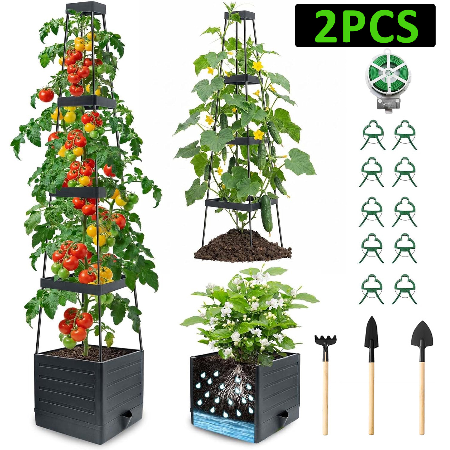 Image of 2 Packs Raised Garden Bed Tomato Planter With Trellis, 55. 12" Tomato Cages For Climbing Vegetables Plant, Self-watering Planter Box For Garden Pots For Patio Greenhouse Indoor Outdoor