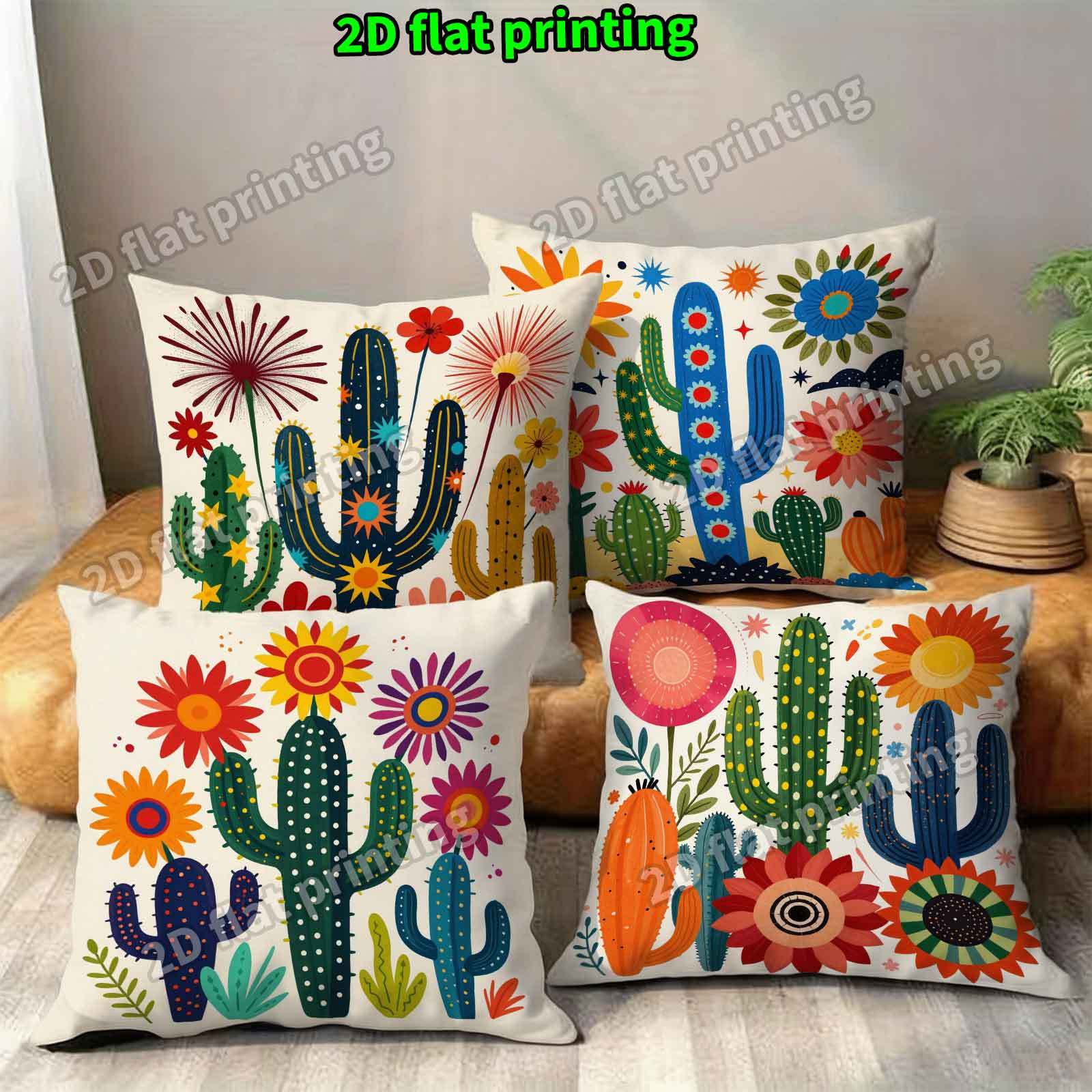 TEMU Housses de coussin plates 2D - 4 pièces, motif cactus et fleurs, impression plate 2D, décoration d'été pour l'extérieur, thème "", housses de