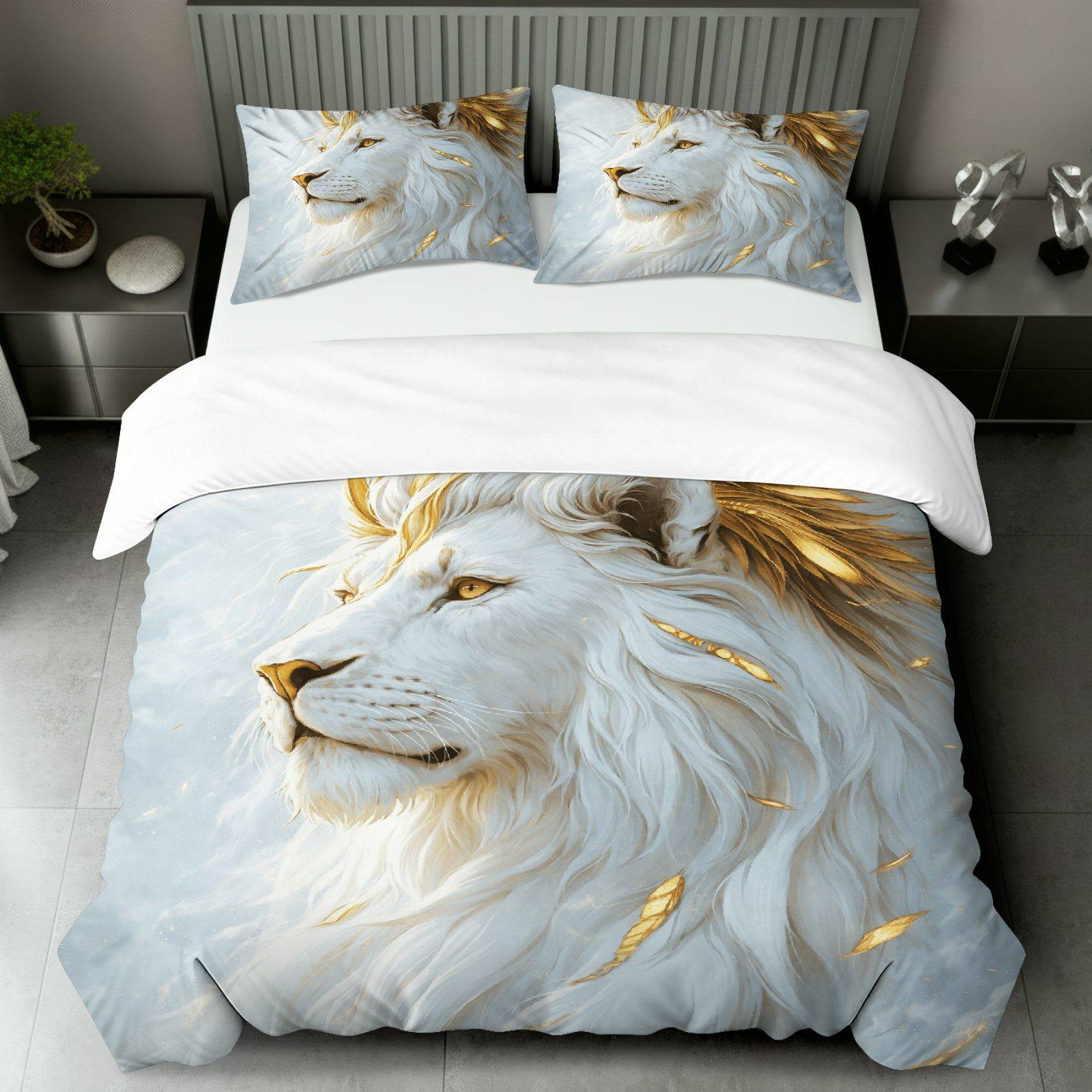 TEMU Ensemble de housse de couette 3 pièces, 1 couette et 2 taies d'oreiller ( garniture), Thème majestueux Lion Roi Doré Élégant , Literie de Noël,