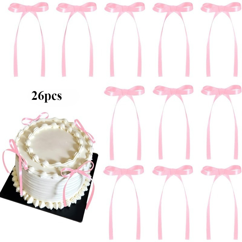 TEMU 26pcs Bow-shaped Cake Decorations In Black, Red, Pink, Purple, Blue, And White Ribbons, Suitable For Cakes, Cupcakes, Baby Showers, Birthdays,