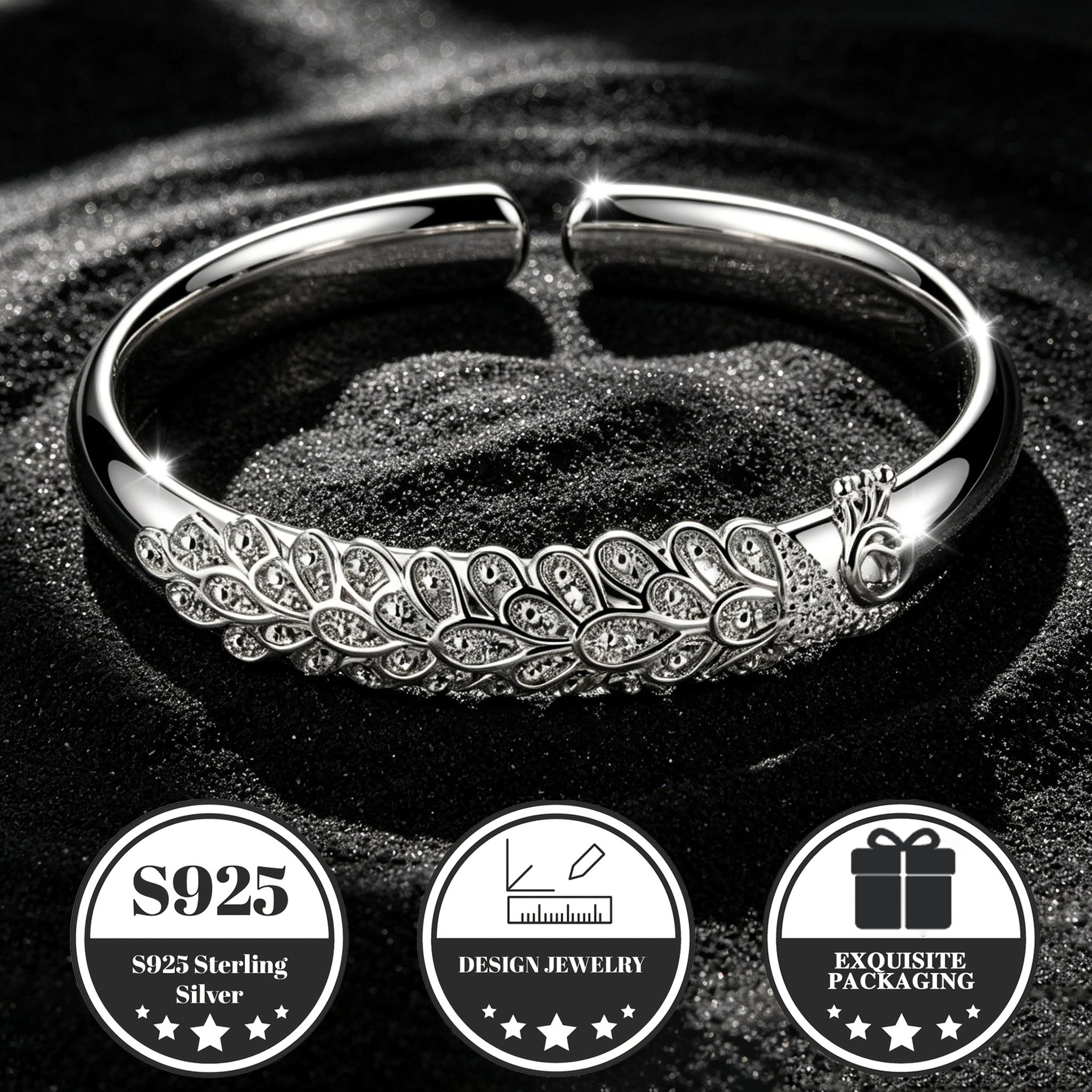 Image of A Vintage And Exquisite S925 Silver Peacock Relief Adjustable Open Bangle, Perfect As An Ideal Gift For On Mother's Day, Easter, Or Christmas, Suitable For Daily Commuting, Vacations, Or Parties