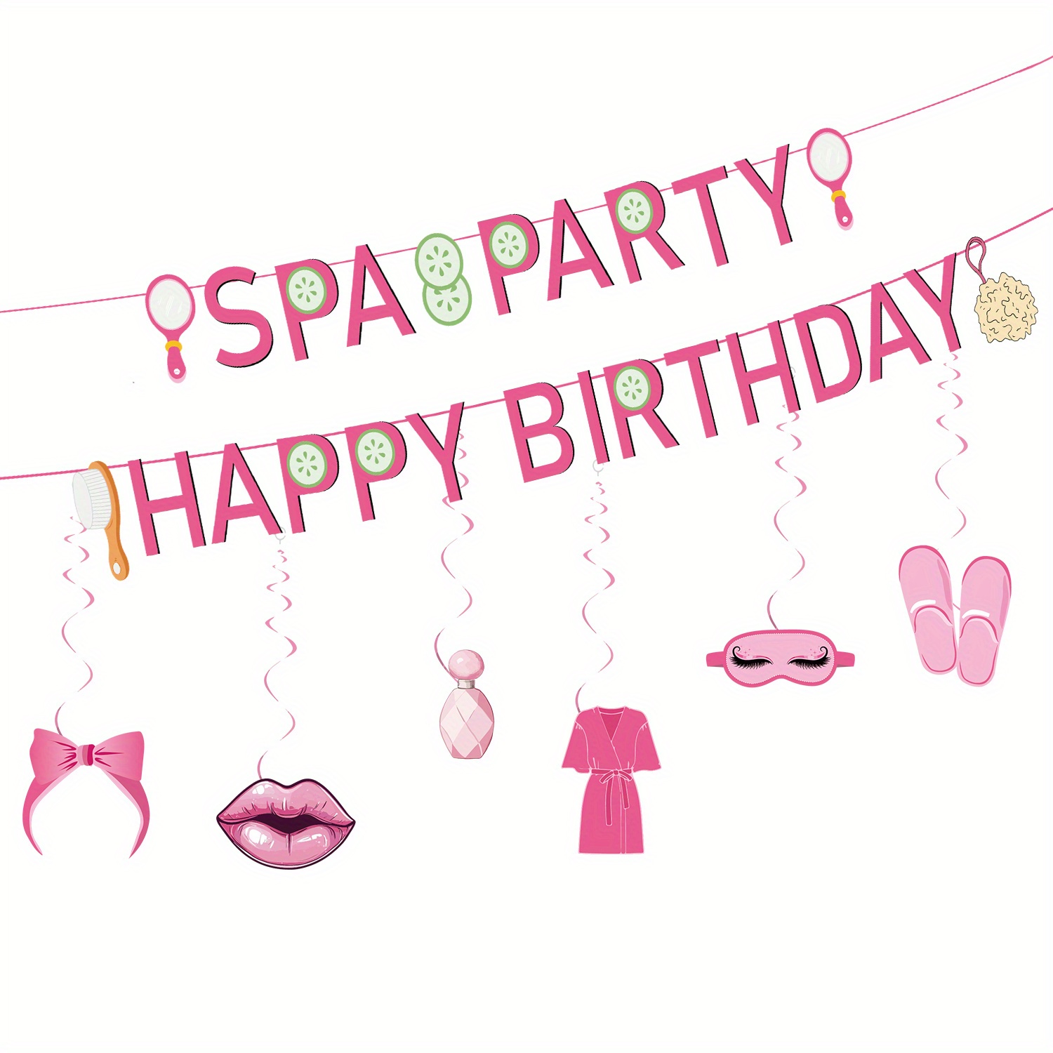 32 Pink Spa-Themed Birthday Party Decoration Set: Banner + Swirls, with Spa Letters, Birthday Wishes and 8 Beauty Elements for Girls' Gatherings to Create an Immersive Relaxing Atmosphere Ideal for Spa Parties