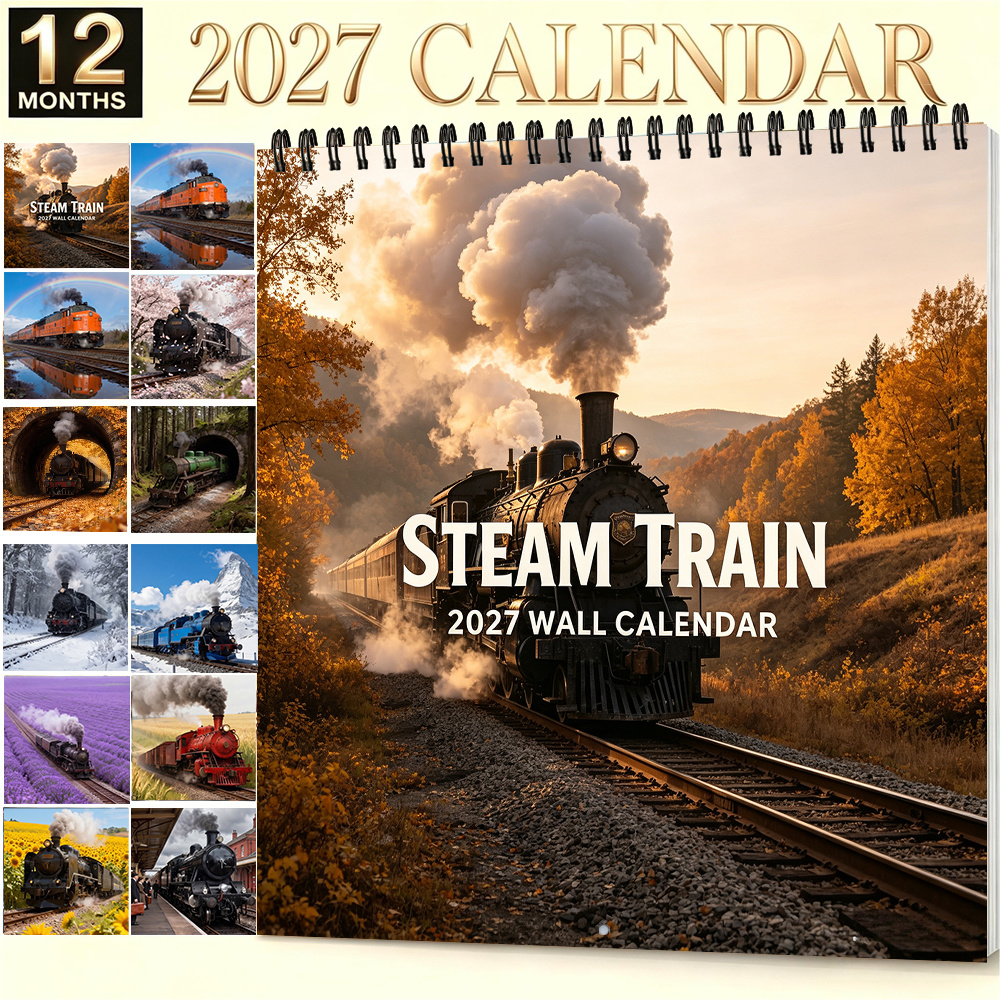 TEMU 2027 Steam Train Wall Calendar - Vintage Railway Themed Monthly Planner With English Dates Suitable For Home Office School Decor, Gift For Train