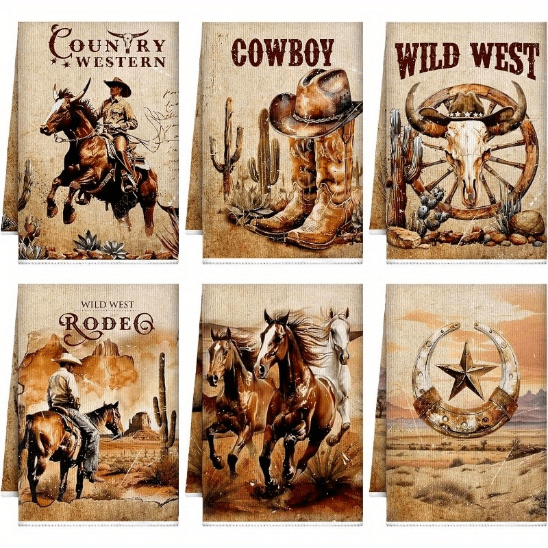 

6pcs Set Vintage Western Cowboy & Horse Kitchen Towels - , Machine Washable Polyester Dish & Hand Towels For Home Decor