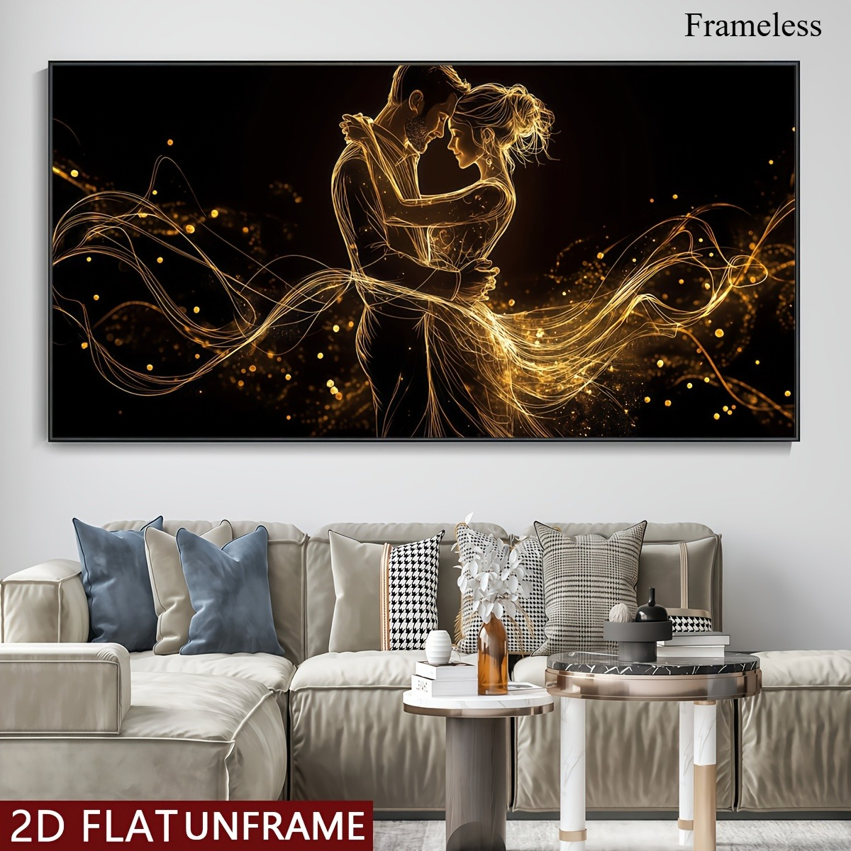 TEMU 2d Flat, 2d Flat 2d/flat Atmosphere Decoration, Modern Golden Couple Dance Wall Art Poster - Horizontal Painting Canvas Art, Romantic Dance