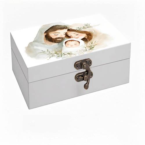 photo de l'article 1 pièce, boîte décorative de noël en bois blanc avec portrait de la famille - cadeau religieux de noël pour décoration de et rangement de souvenirs, décorations de noël