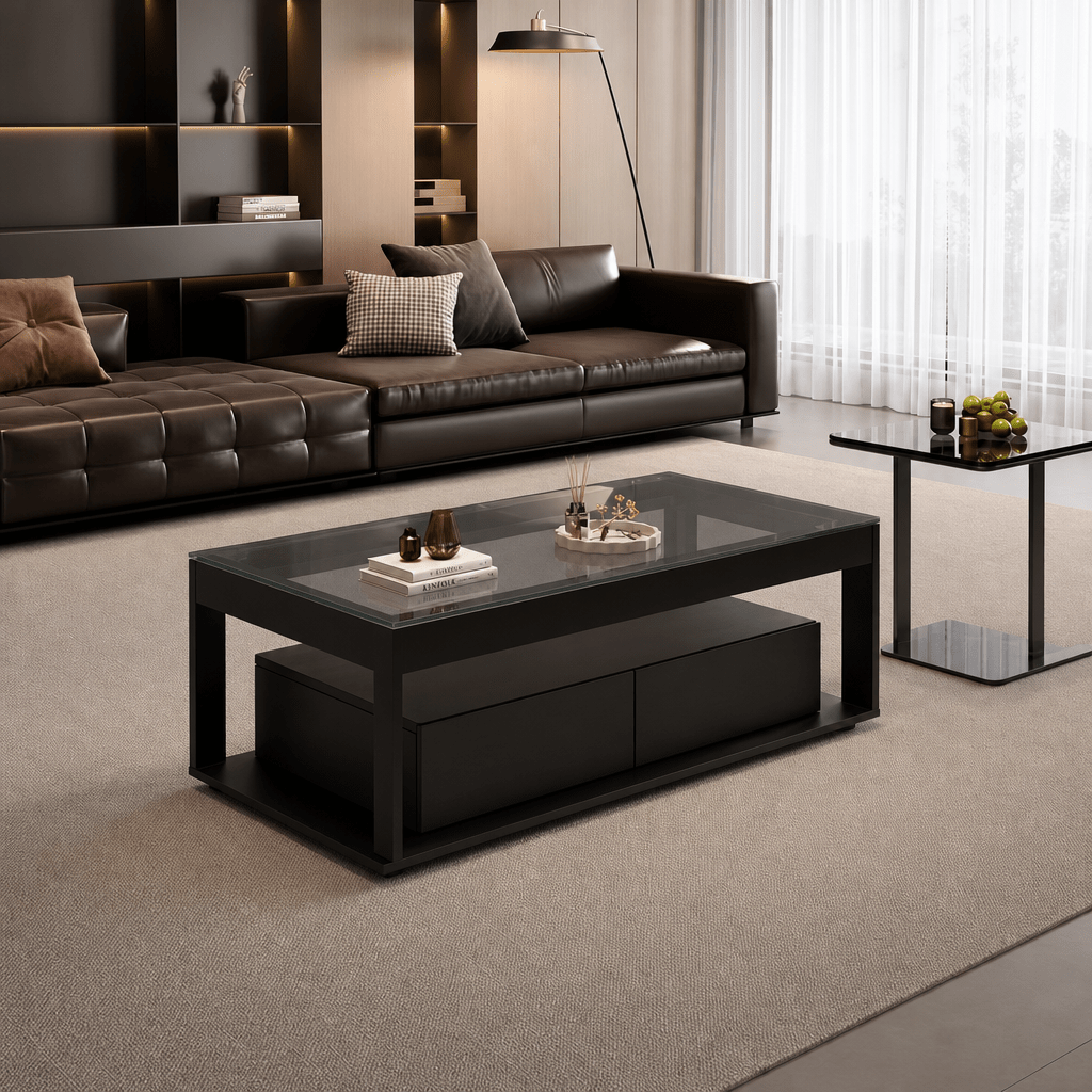 Image of Dimensions: 110 X 50 X 40 Cm. Exquisite And High-end Style Coffee Table, Black, Rectangular Sofa Table With 2 Large Drawers, Double Layer Design, Black