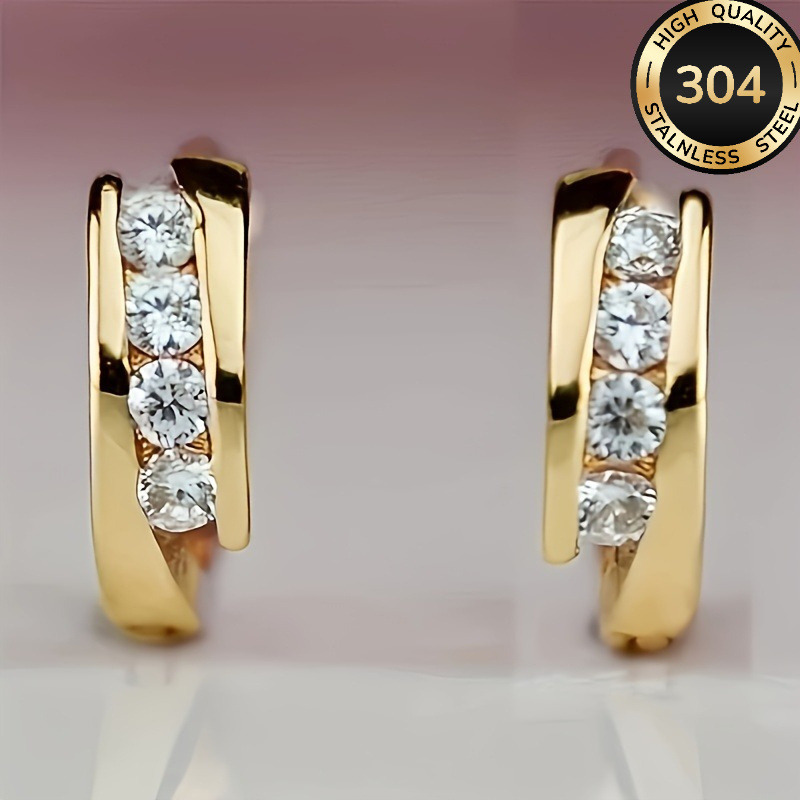 TEMU Elegant Hoop Earrings Made Of 304 Stainless Steel, With Sparkling Stones. Weddings, Engagements, And Everyday Charm. Lovely Earrings Feature An